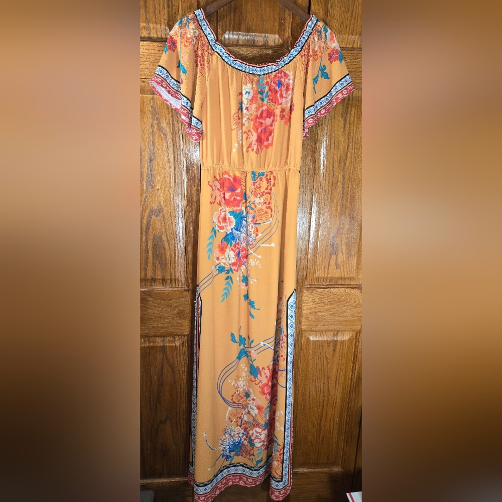 Flying Tomato Orange Red Off Shoulder Floral Leg Slit Elastic Waist Maxi…